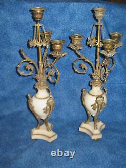 Pair Louis X1V Candelabaras Brass Beige Marble Dragon Heads Antique Beautiful