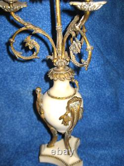 Pair Louis X1V Candelabaras Brass Beige Marble Dragon Heads Antique Beautiful