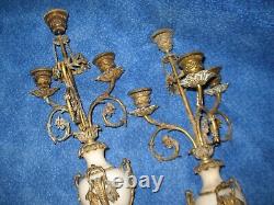 Pair Louis X1V Candelabaras Brass Beige Marble Dragon Heads Antique Beautiful