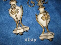 Pair Louis X1V Candelabaras Brass Beige Marble Dragon Heads Antique Beautiful