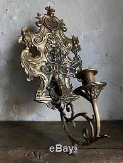Pair Louis XV Antique French Chateau Gilt Bronze Candle Wall Sconces Rocaille