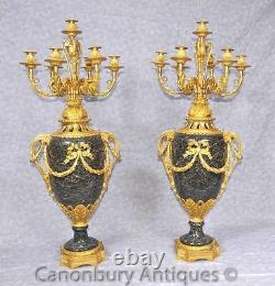 Pair Louis XVI Candelabras Marble Urns Gilt Ormolu Candles French