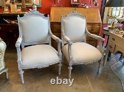 Pair Luxurious French Antique Louis XIV Carved & Gray Refinished Reupholistered