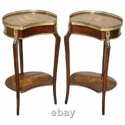 Pair Of Antique French Louis XVI Brass Rail Floral Inalid Side End Lamp Tables