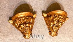Pair Of Antique French Macaron Ornament Faces Carved Wall Console In Gilted Wood