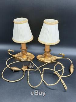 Pair Of Bedside Lamps Louis XV Style Hettier Vincent Bronze French Antique