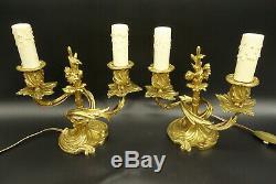 Pair Of Candleholders Lamps, Louis XV Style, Era 19th Bronze French Antique