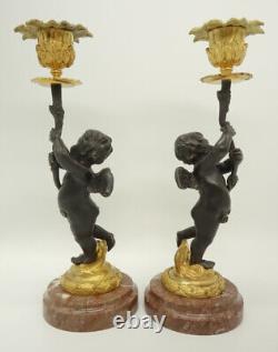 Pair Of Candleholders Putti Decor Louis XVI Style 19th Bronze French Antique