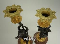 Pair Of Candleholders Putti Decor Louis XVI Style 19th Bronze French Antique