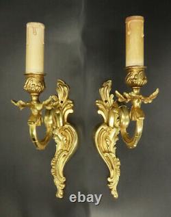 Pair Of Sconces 1 Light Louis XV Style Bronze Lucien Gau Paris- French Antique
