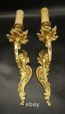 Pair Of Sconces 1 Light Louis XV Style Bronze Lucien Gau Paris- French Antique
