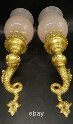 Pair Of Sconces Dolphins Decor Louis XIV Style Bronze & Glass French Antique