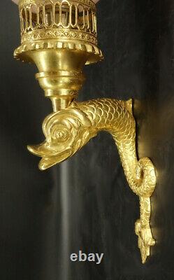 Pair Of Sconces Dolphins Decor Louis XIV Style Bronze & Glass French Antique
