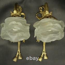 Pair Of Sconces Knot Decor Louis XVI Style Bronze & Glass French Antique