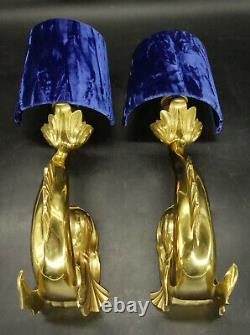 Pair Of Sconces / Lamps Louis XIV Style Dolphins Bronze French Antique