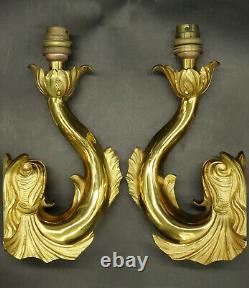 Pair Of Sconces / Lamps Louis XIV Style Dolphins Bronze French Antique