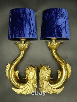 Pair Of Sconces Louis XIV Style Dolphins Decor Bronze French Antique
