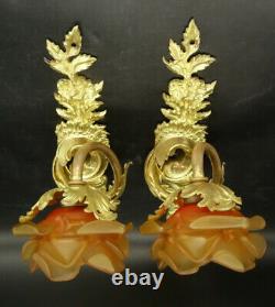 Pair Of Sconces, Louis XV Style, Early 1900 Bronze & Glass French Antique