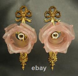 Pair Of Sconces Louis XVI Style Early 1900 Bronze & Glass French Antique