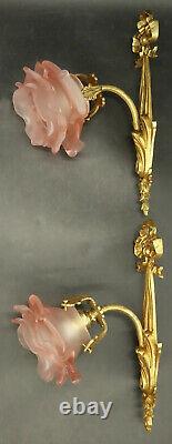 Pair Of Sconces Louis XVI Style Early 1900 Bronze & Glass French Antique