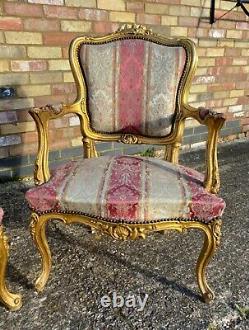 Pair Of Vintage French Louis XVI Style Gilt Wood Armchairs Chairs C1950/60