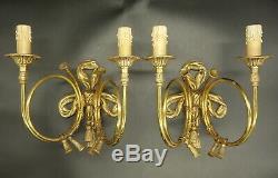 Pair Sconces, Hunting Horns & Tassels, Louis XVI Style Bronze French Antique