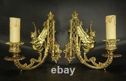 Pair Sconces Winged Woman Louis XVI Style Early 1900 Bronze French Antique