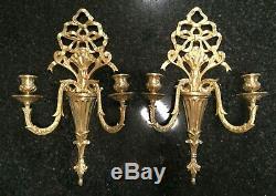 Pair Vintage Gilt Bronze French Louis XVI Style Bow Candelabra Wall Sconces