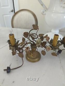 Pair of Antique Brass and Porcelain French Louis XV Style Table Lamps Boudoir