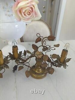 Pair of Antique Brass and Porcelain French Louis XV Style Table Lamps Boudoir