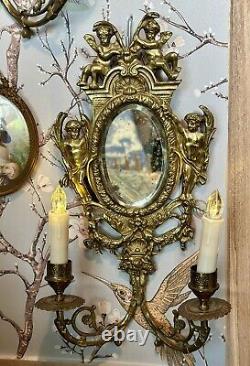 Pair of Antique French Louis XIV Bronze Cherub Wall Candle Sconces