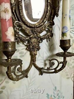 Pair of Antique French Louis XIV Bronze Cherub Wall Candle Sconces