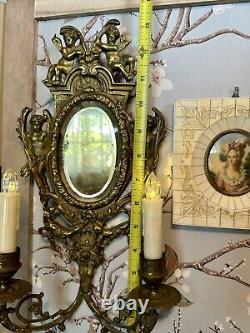 Pair of Antique French Louis XIV Bronze Cherub Wall Candle Sconces