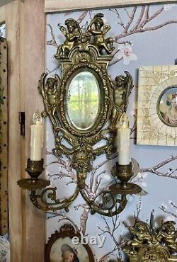 Pair of Antique French Louis XIV Bronze Cherub Wall Candle Sconces