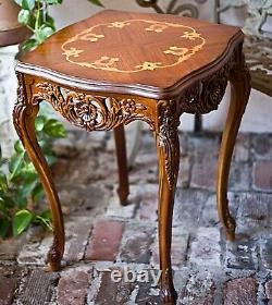 Pair of Antique French Louis XV Inlaid Marquetry, Carved Side End Parlor Tables