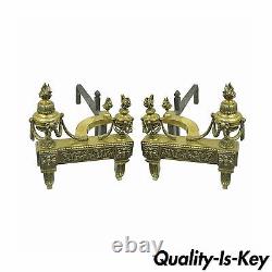Pair of Antique French Louis XVI Neoclassical Style Urn Flame Brass Andirons