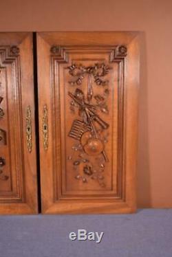 Pair of Antique Louis XVI Style French Walnut Wood Panels with Music/Arts Theme