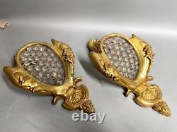Pair of Exquisite French Louis XVI Bronze Wall Lamps in Gold with Clear Beads