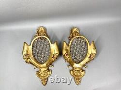 Pair of Exquisite French Louis XVI Bronze Wall Lamps in Gold with Clear Beads