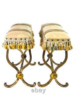 Pair of Fireside decorative X frame gilded toleware stools Art Deco Louis XVI