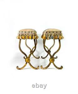 Pair of Fireside decorative X frame gilded toleware stools Art Deco Louis XVI