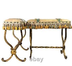 Pair of Fireside decorative X frame gilded toleware stools Art Deco Louis XVI