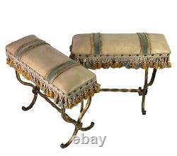 Pair of Fireside decorative X frame gilded toleware stools Art Deco Louis XVI