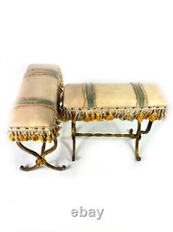 Pair of Fireside decorative X frame gilded toleware stools Art Deco Louis XVI