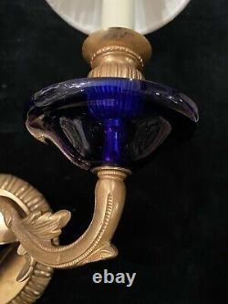 Pair of French Louis XV Style Gilt Bronze Wall Sconces with Cobalt Blue Glass