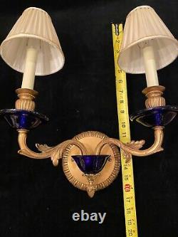 Pair of French Louis XV Style Gilt Bronze Wall Sconces with Cobalt Blue Glass