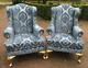 Pair Of Gilded French Louis Xvi Bergère Chairs In Blue Damask, Early 1900's