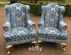 Pair of Gilded French Louis XVI Bergère Chairs in Blue Damask, Early 1900's