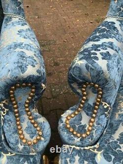 Pair of Gilded French Louis XVI Bergère Chairs in Blue Damask, Early 1900's