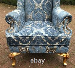 Pair of Gilded French Louis XVI Bergère Chairs in Blue Damask, Early 1900's